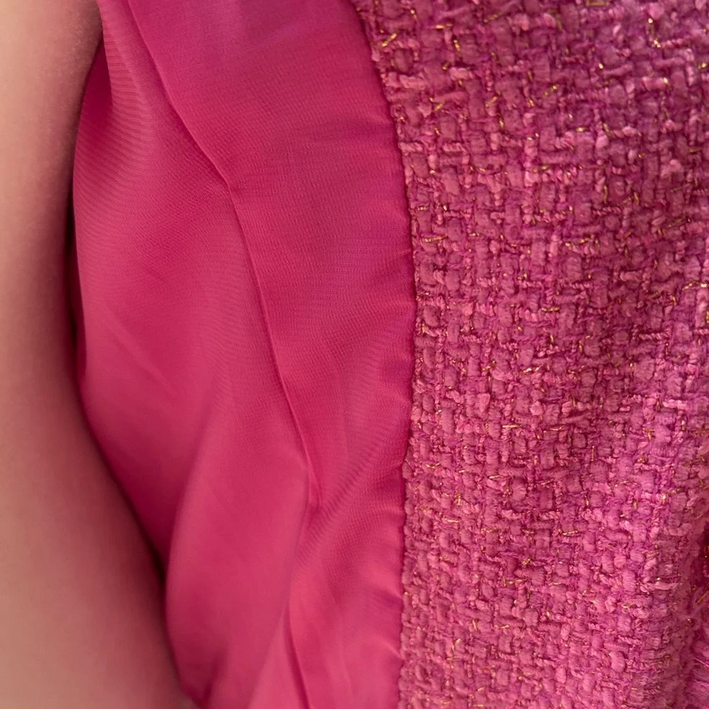 BOSTON PROPER Pink Gold Bouclé Women's Blazer Jacket Fringe Lined size 4 EUC - Picture 11 of 12
